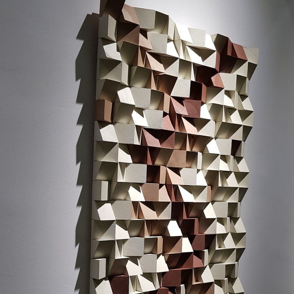 Decoración de pared abstracta dimensional geométrica, arte de pared contemporáneo 3D, escultura de mosaico de pared texturizada, decoración moderna del hogar, colgante de pared de madera