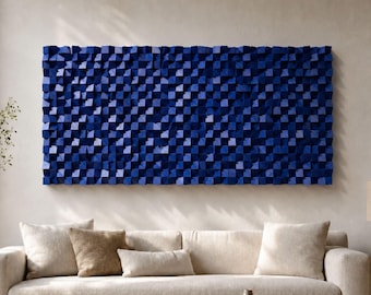 Geometric 3D Wood Wall Art, Navy Blue Mosaic Handmade Wall Decor Hanging, Acoustic Sound Diffuser Panel