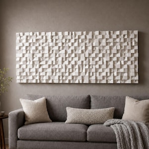 Large Geometric 3D Wood Wall Art, White Mosaic Handmade Wall Decor Hanging, Acoustic Sound Diffuser Panel
