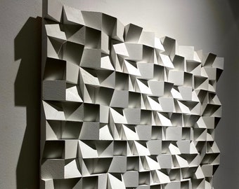 Textured Geometric 3D Abstract Modern Wall Art, White Acoustic Panel, Wood Wall Sculpture, Handmade Wall Decor, Pine Wood Blocks Wall Art