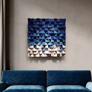 Houten muurkunst, marineblauw naar wit gradiënt houten muursculptuur: houten kubuskunst voor wooninrichting, geometrische houtkunst voor nautische inrichting