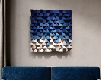 Arte murale in legno, scultura murale in legno sfumato dal blu navy al bianco: arte cubica in legno per l'arredamento della casa, arte geometrica in legno per l'arredamento nautico
