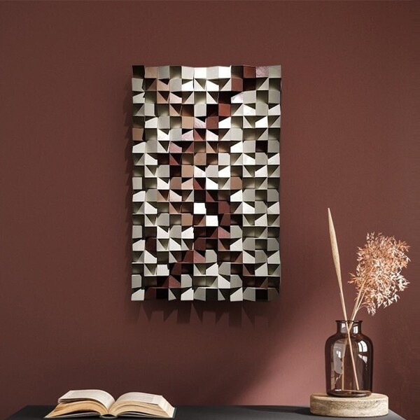 Geometric Dimensional Abstract Wall Decor, Wooden Wall Hanging, Large 3D Contemporary Wall Art, Eclectic Textured Wall Mosaic Sculpture