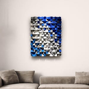 Acoustic Panel 3d Wood Wall Art, Blue and White Wooden Wall Decor, Sound Diffuser, Wood Wall Panel, Oversized Wall Art, Wood Wall Sculpture