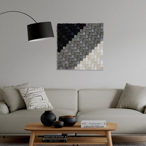 Acoustic Panel - Black / white  / Gray Sound Diffuser - Large Wood Wall Art - Rustic Oak Frame - Modern Abstract Wood Art 3D