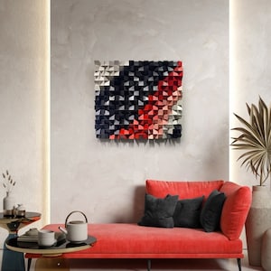 Wood wall art, black and red wooden wall sculpture: Wooden cube art for living decor, geometric wood art for nautical decor