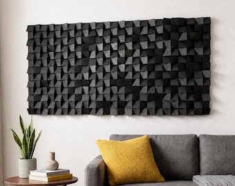 Schwarzes geometrisches Wandbild aus Holz, großes handgefertigtes 3D-Mosaik, individuelles Design