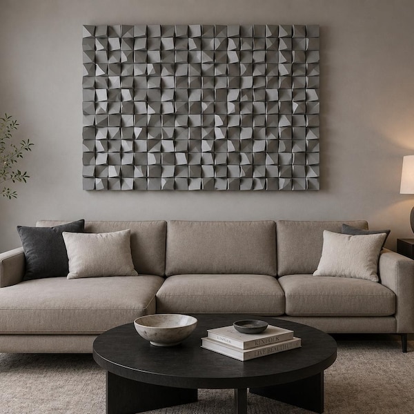 Stor geometrisk 3D-väggkonst i trä, handgjord väggdekoration i silvermosaik, anpassad storlek