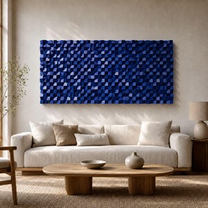 Geometric 3D Wood Wall Art, Navy Blue Mosaic Handmade Wall Decor Hanging, Acoustic Sound Diffuser Panel