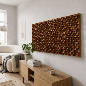Large Geometric 3D Wood Wall Art, Hazelnut Brown Mosaic Handmade Wall Hanging, Acoustic Sound Diffuser