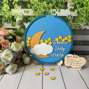 Baby shower guest book alternative,Moon and star guestbook,Twinkle twinkle star baby shower,Birthday guestbook,Stars baby shower,Little star