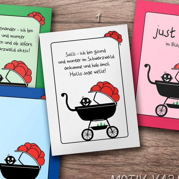 Geburt Postkarte Set Schwarzwald Baby Taufe hochwertige Grußkarten, 3 Motivtexte und 1x frei zur Eigenbeschriftung, in weiß grün rot blau
