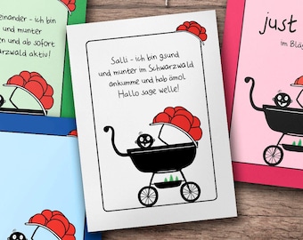 Birth postcard set - Black Forest baby, high quality greeting cards, 3 motif texts and 1x free to write your own, in white green red blue