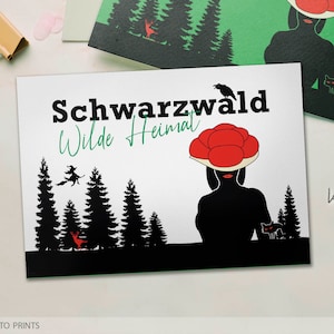 Schwarzwald Karte Wilde Heimat - Set, hochwertige Grußkarten aus edlem Naturpapier, Bollenhut und Schwarzwaldmädel, coole Postkarten
