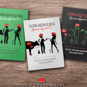 Schwarzwald Karten Set, hochwertige Grußkarten auf edlem Naturpapier, Bollenhut und Schwarzwaldmädel, coole Einladung für Feier und Party
