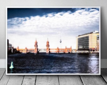 Berlin Oberbaum Bücke Spree photography poster, glaze photography in high quality, timeless classic in blue, perfect gift
