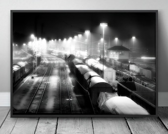 Midnight trains poster photo railway station in Black & White, stylish image for home and company, stylish present