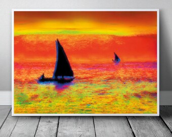 Sea sunset sailing poster art print, wind and sun in yellow and red, high quality photo finish, picturesque image gift