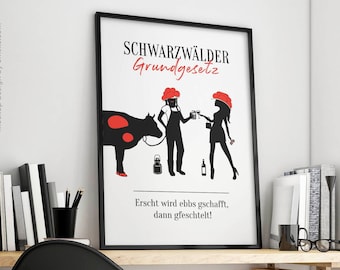 Black Forest poster premium photo print in professional quality, girl with Bollenhut and cow, smart decoration birthday gift celebration