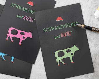 Black Forest card set, high quality greeting cards on fine natural paper, cow motif for invitation celebration vacation, in white and green