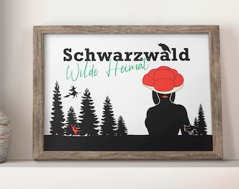 Black Forest poster wild home, premium photo print in professional quality, Bollenhut and girl, smart decoration gift, also as postcard