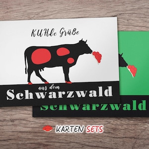 Black Forest card set, high quality greeting cards of fine natural paper, cow motif for invitation celebration vacation, in white and green