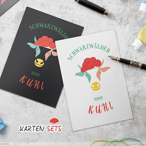 Schwarzwald Karten Kuh und Bollenhut, Set hochwertiger Grußkarten aus edlem Naturpapier, trendige Postkarte für Einladung bis Deko