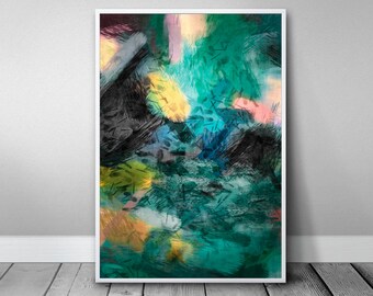 Black Forest poster picturesque abstract landscape in green, high quality art print, stylish modern for home decor and gift