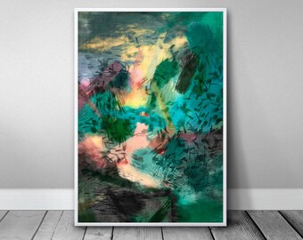 Black Forest abstract picturesque landscape poster in green, high quality art print, stylish modern for home decor and gift