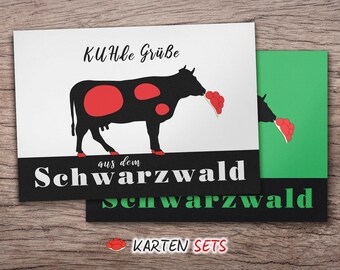 Black Forest card set, high quality greeting cards of fine natural paper, cow motif for invitation celebration vacation, in white and green