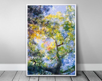 Tree poster, play of air wind and sun, high quality, colorful image in yellow green blue, stylish decoration