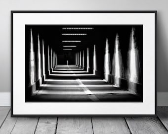 Black and white poster photography expressive light tunnel, a unique city motive, perfect picture gift for home and office