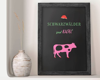 Black Forest cow poster premium photo print in professional quality, cute Bollenhut graphic, home decoration gift with style and wit