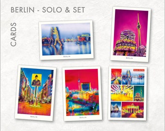May include: Set of five postcards featuring colorful, abstract images of Berlin landmarks, including the Brandenburg Gate, the Berlin Wall Memorial, and the Reichstag Building.