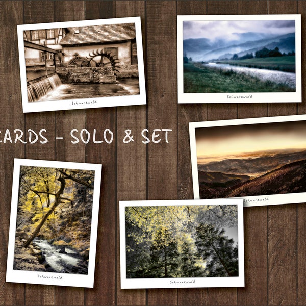 Schwarzwald Karten ohne Bollenhut-  Einzel und Sets, Postkarten von Panorama bis Wassermühle, mit eleganter Haptik für Gruß, Urlaub und Deko