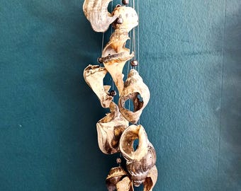 Sino de vento em forma de concha, estilo marítimo, contas de madeira, feito à mão, estilo costeiro, 65 cm