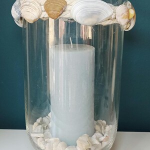 Large maritime glass lantern with pebbles and candles, handmade, 30 cm