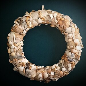 Op de afbeelding: Een cirkelvormige krans gemaakt van diverse schelpen in beige, bruine en witte tinten. De schelpen zijn dicht op elkaar gepakt, waardoor een textuur ontstaat. Er is een lus aan de bovenkant bevestigd om op te hangen. Dit is een decoratief item.