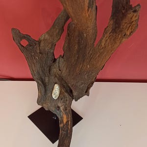 Könnte beinhalten: Eine große, dunkelbraune Holzskulptur eines Baumzweigs mit einem weißen Stein, der in das Holz eingebettet ist. Die Skulptur ist auf einem schwarzen Metallsockel montiert.