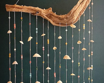 Grande sino de vento, madeira flutuante, lapas, contas de vidro, tema náutico, 70 cm