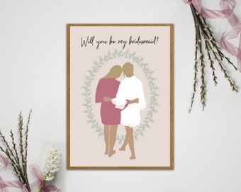 May include: A framed print with the text "Will you be my bridesmaid?" shows an illustration of two figures embracing within a green wreath. One figure wears a pink dress, the other a white robe. The background is a soft pink.