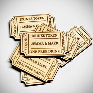 Personalised Wedding Drinks Tokens - Cinema ticket stub - names, date or venue, engraved in ply or white.