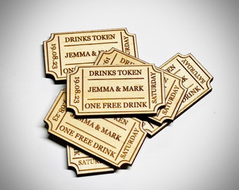 Personalised Wedding Drinks Tokens - Cinema ticket stub - names, date or venue, engraved in ply or white.