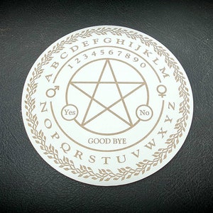 Puede incluir: Una tabla de Ouija circular blanca con una estrella de cinco puntas en el centro. La tabla tiene un alfabeto en blanco y negro, los números del 1 al 9 y el 0, y las palabras "Sí", "No" y "Adiós" alrededor de la estrella. La tabla está rodeada por un borde decorativo de hojas.
