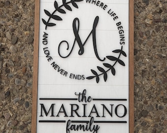 Op de afbeelding: Een wit houten bord met een bruin frame. Het bord heeft een zwarte krans met de letter "M" in het midden. De tekst "Where life begins and love never ends" staat rond de krans. Onder de krans staat de tekst "the Mariano family est. 2023" in zwart.