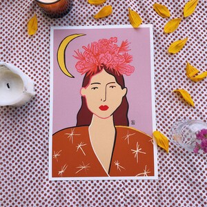 Flower Crown girl portrait art print moon and stars artwork home wall decor girl with brown hair illustration Frida Khalo red lips image 1