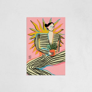 SUN POWER - ilustración de mujer con una planta, impresión de arte digital, obra de arte original, decoración de pared para el hogar, regalo de inauguración de la casa en vacaciones