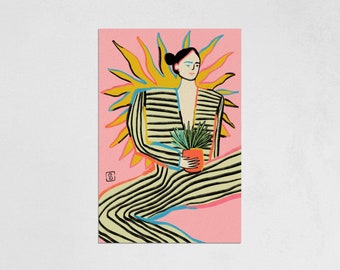 SUN POWER - woman with a plant illustration, digital art print, original artwork, home wall decor, holiday housewarming gift