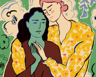 May include: Two women, one with pink hair and one with green skin, are embracing in a field of flowers. The woman with pink hair is wearing a yellow floral dress and the woman with green skin is wearing a brown shirt with yellow floral sleeves.