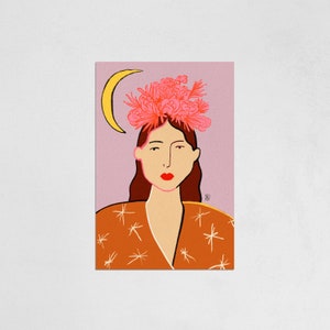 Flower Crown girl portrait art print moon and stars artwork home wall decor girl with brown hair illustration Frida Khalo red lips image 3
